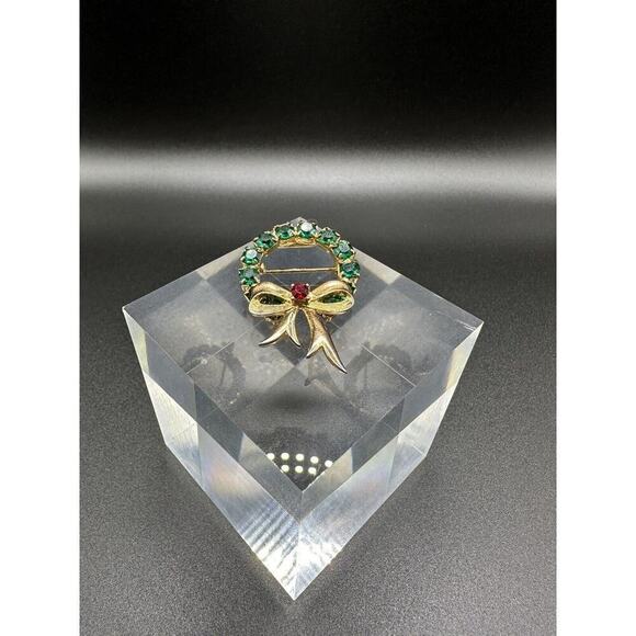 Vintage Eisenberg Ice Signed Gold Tone Rhinestone Christmas Wreath Brooch - Picture 3 of 9